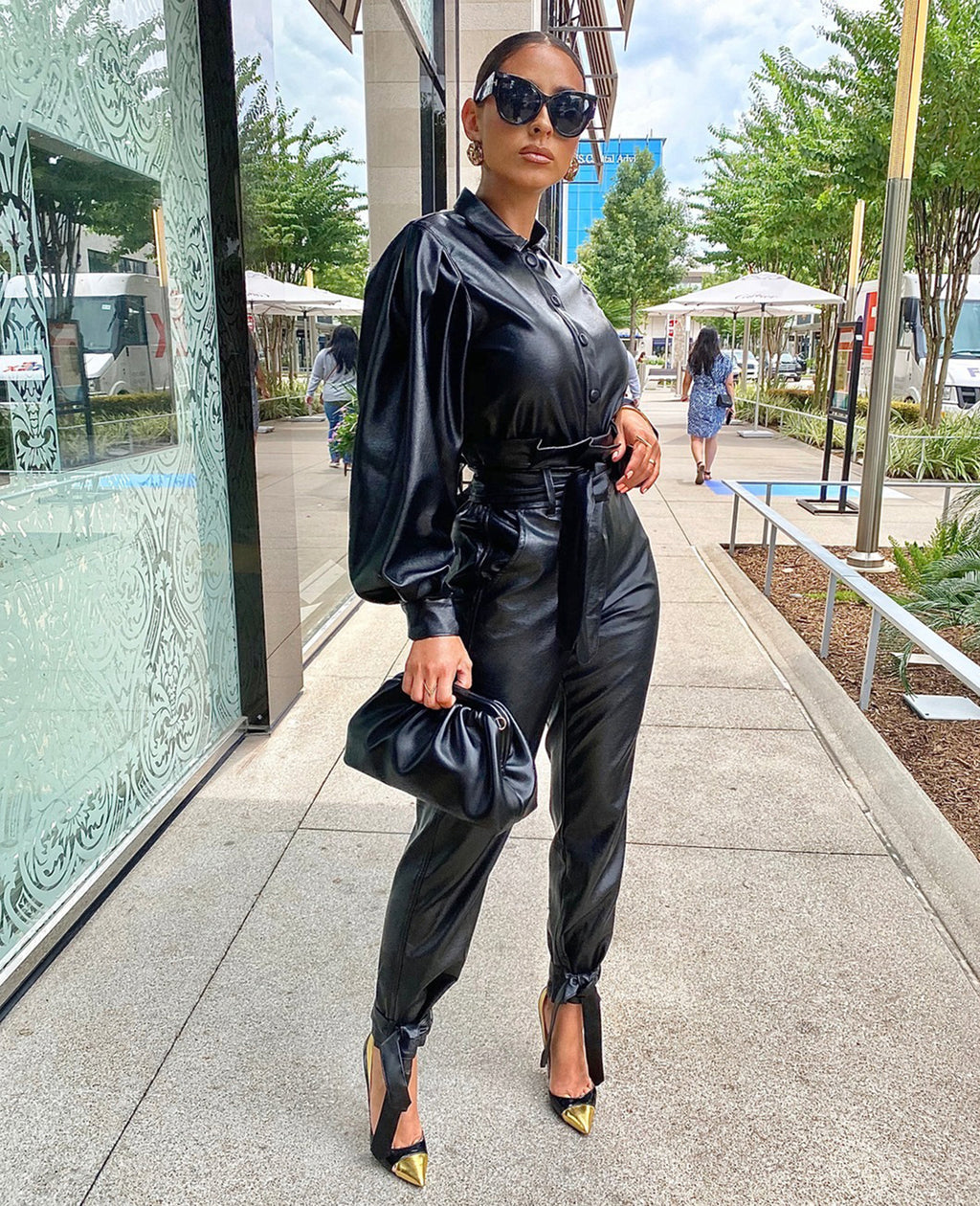 Ensemble 2 Pièces PU Cuir — Veste Manches Longues & Pantalon Costume
