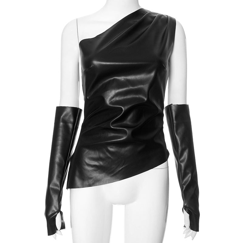 Top Asymétrique Sans Manches Effet Cuir – Épaule Dénudée Femme S-L