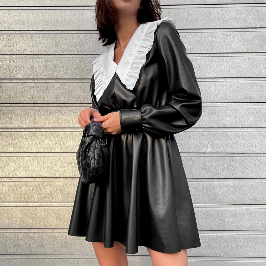 Robe Longue Manches Longues en Similicuir – Style Punk & Taille Haute