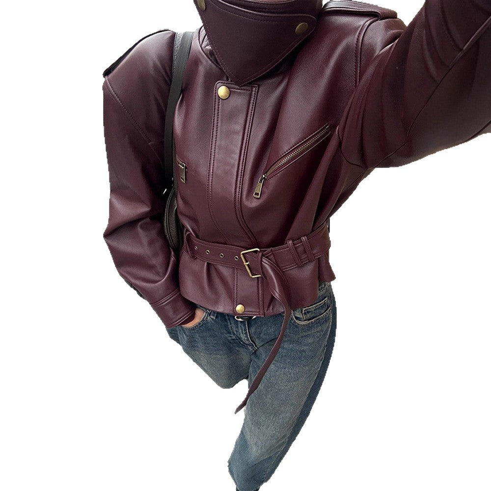 Veste Courte PU Cuir Bordeaux — Lacets & Slim Fit