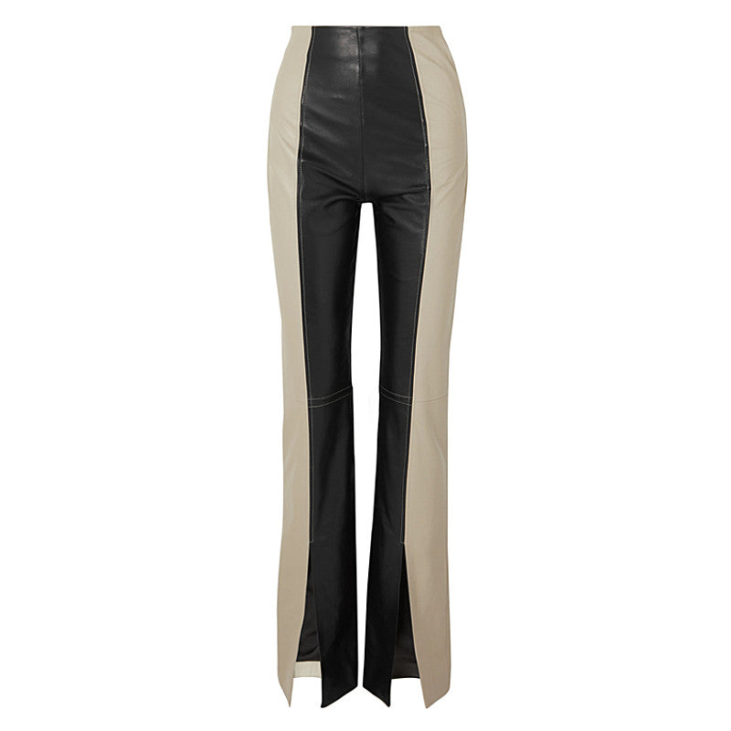 Pantalon Patchwork Deux Tons en Similicuir – Coupe Slim & Allure Éditoriale
