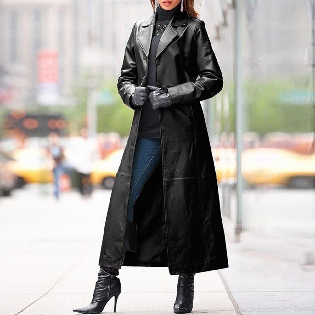 Manteau Long Simili Cuir Femme – Coupe Commuting Grande Taille