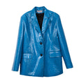 Ensemble Faux Cuir Verni Bleu – Veste Loose & Jupe Assortie