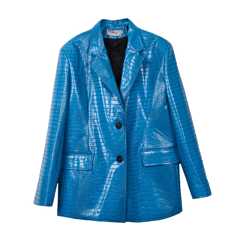 Ensemble Faux Cuir Verni Bleu – Veste Loose & Jupe Assortie