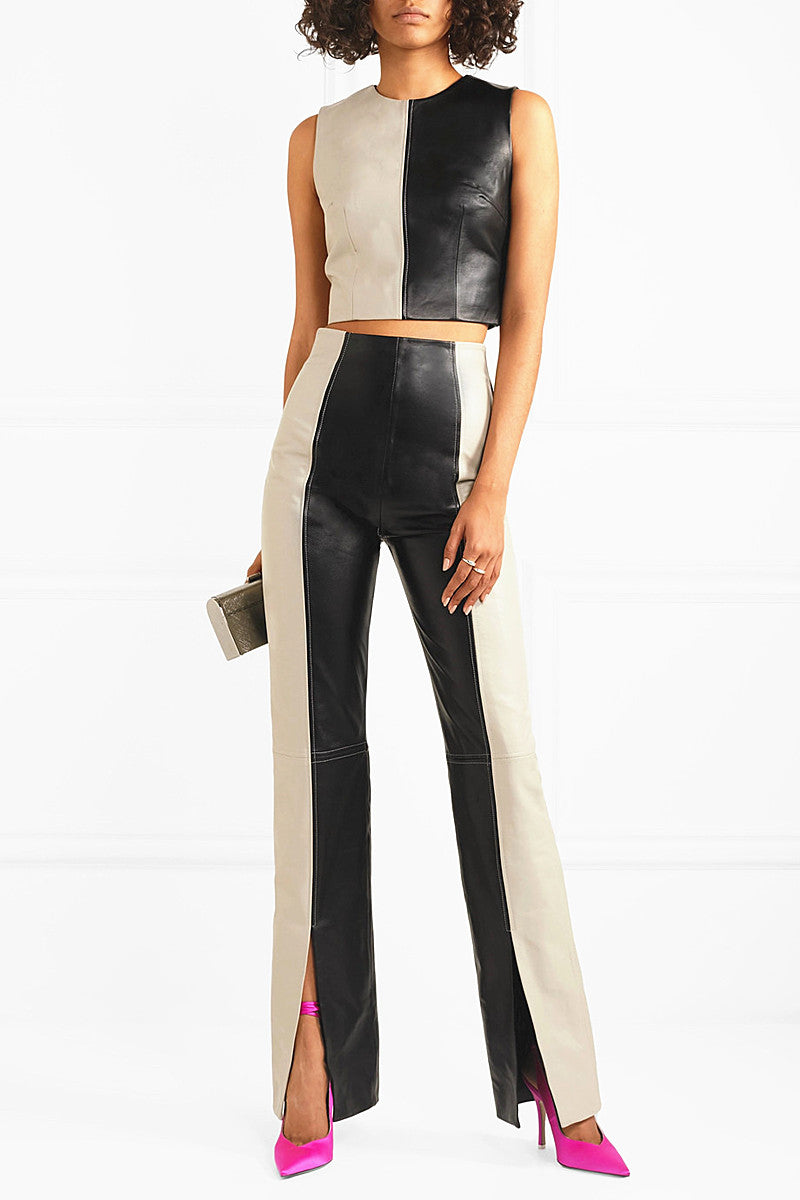 Pantalon Patchwork Deux Tons en Similicuir – Coupe Slim & Allure Éditoriale
