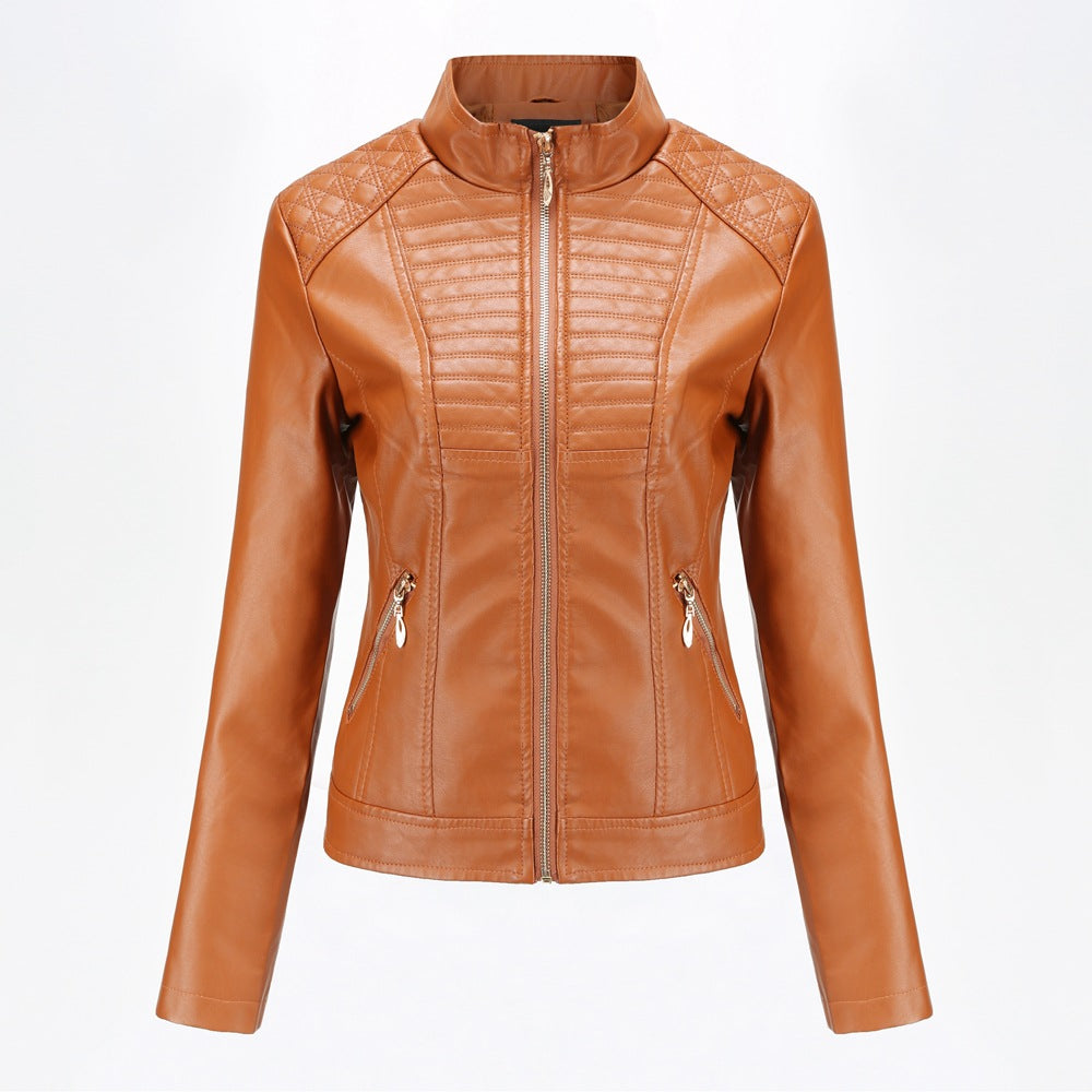 Veste Moto Femme en Similicuir – Col Rond & Détails 3D