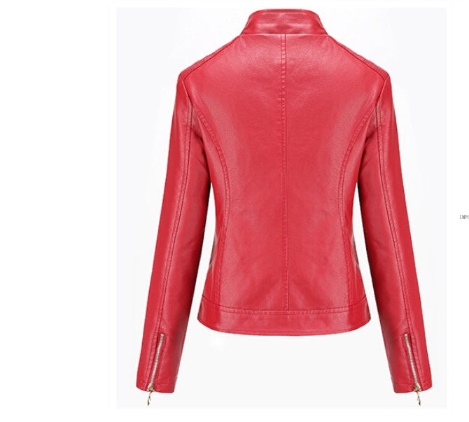 Veste Moto Femme en Similicuir – Col Rond & Détails 3D