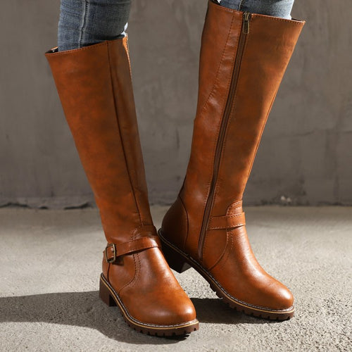 Boots Knight PU — Talon Épais & Style Romain 4 Saisons