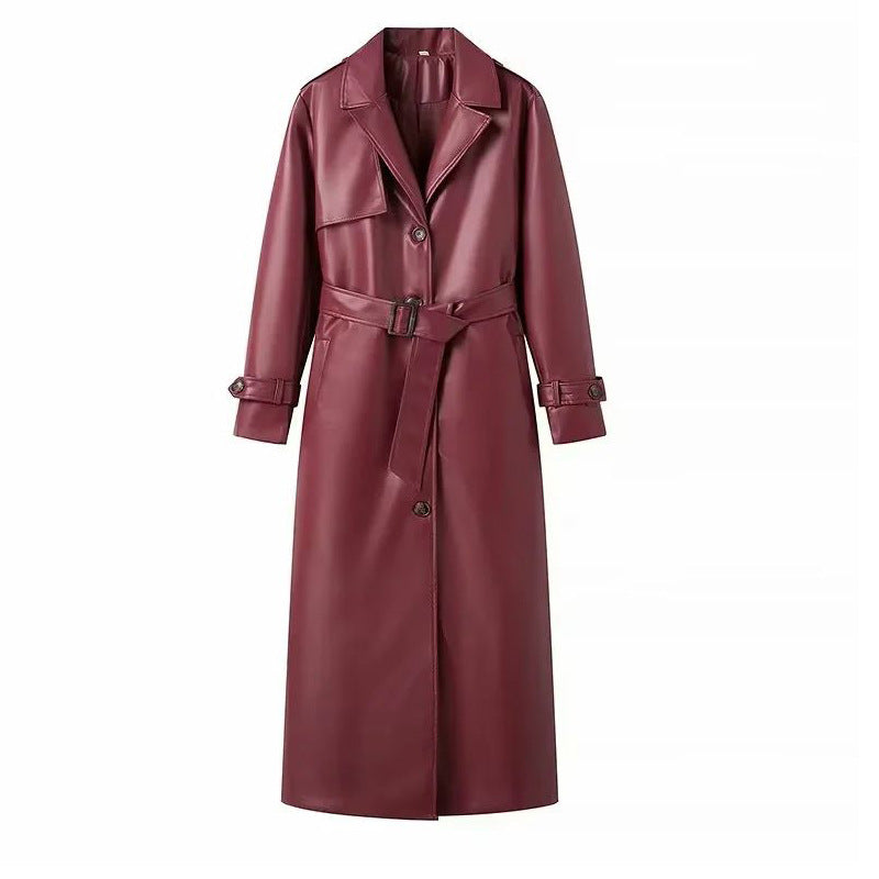Long Trench PU Cuir Femme — Noir & Rouge Bordeaux