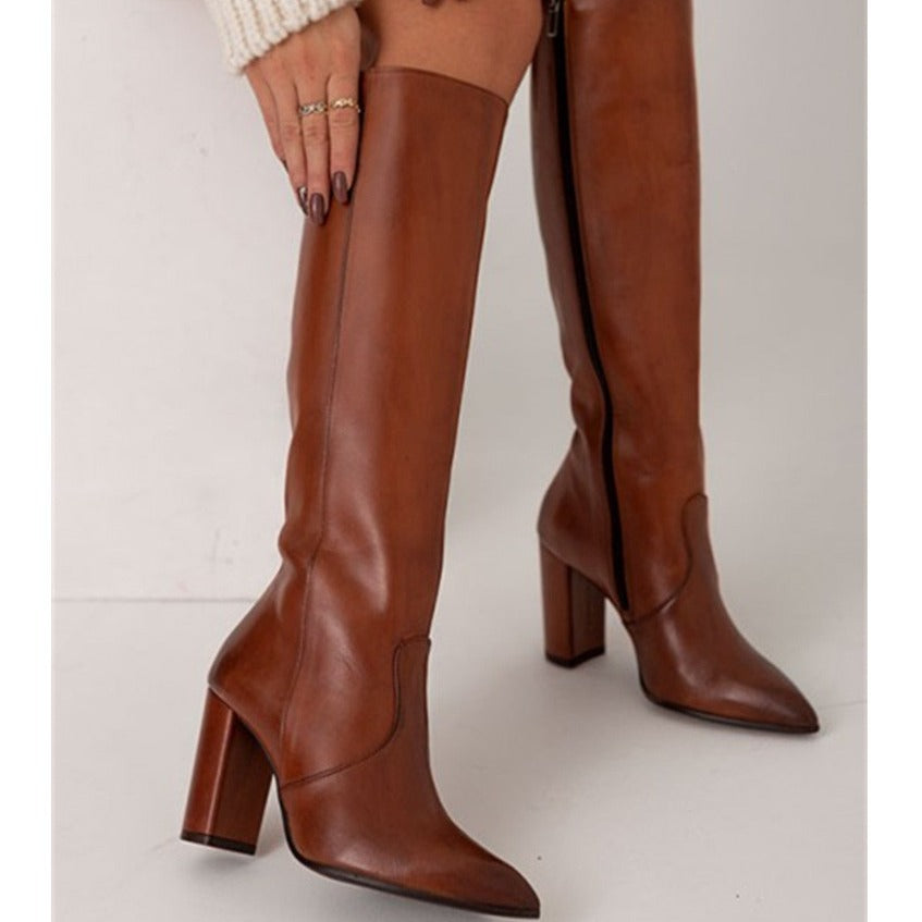 Cuissardes PU Bout Pointu — Talon Chunky & Zip Latéral