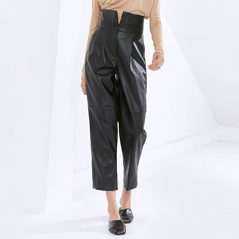 Pantalon Simili Cuir Taille Haute Carotte – Coupe Casual Chic Femme