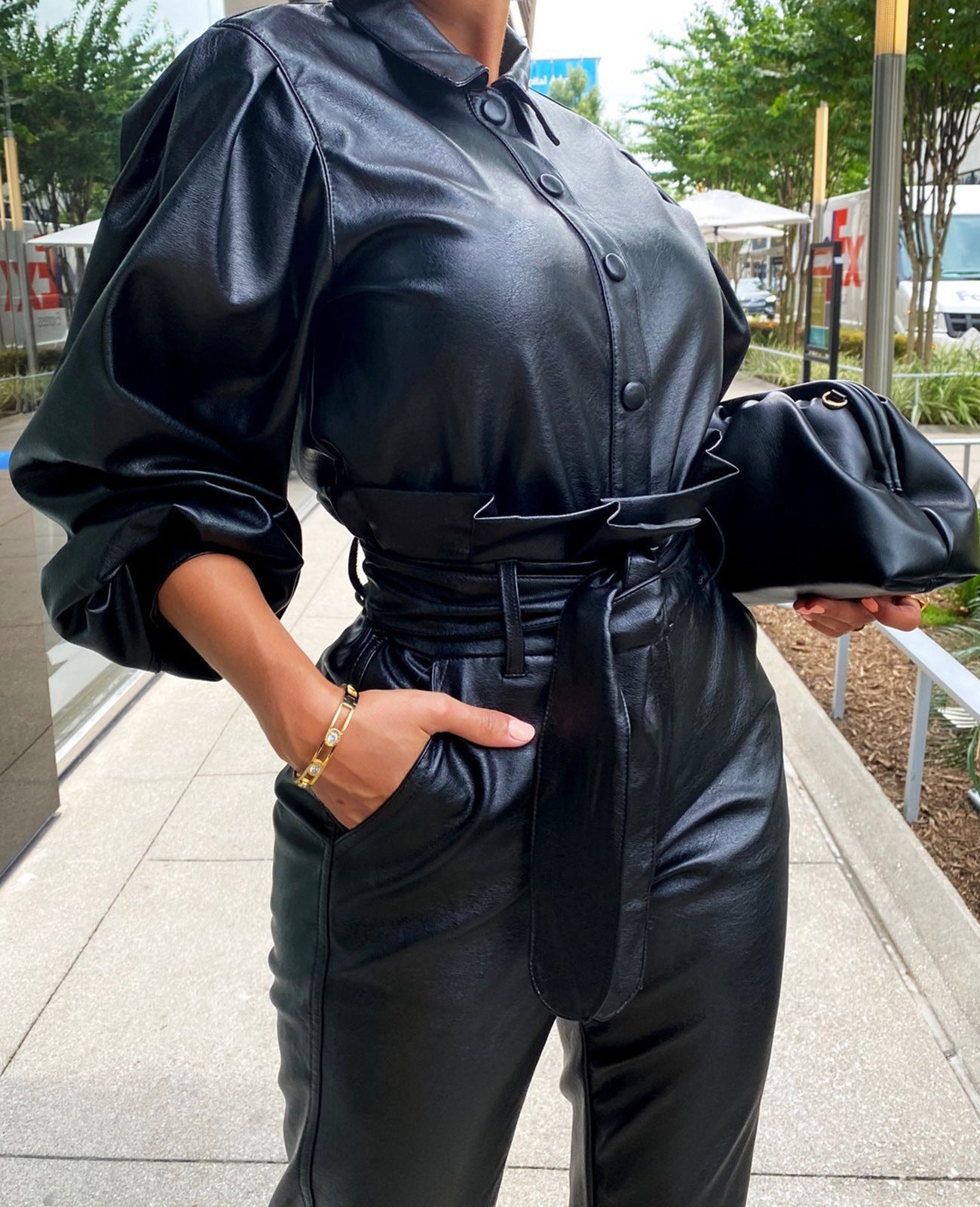 Ensemble Deux Pièces PU Cuir Manches Longues — Noir