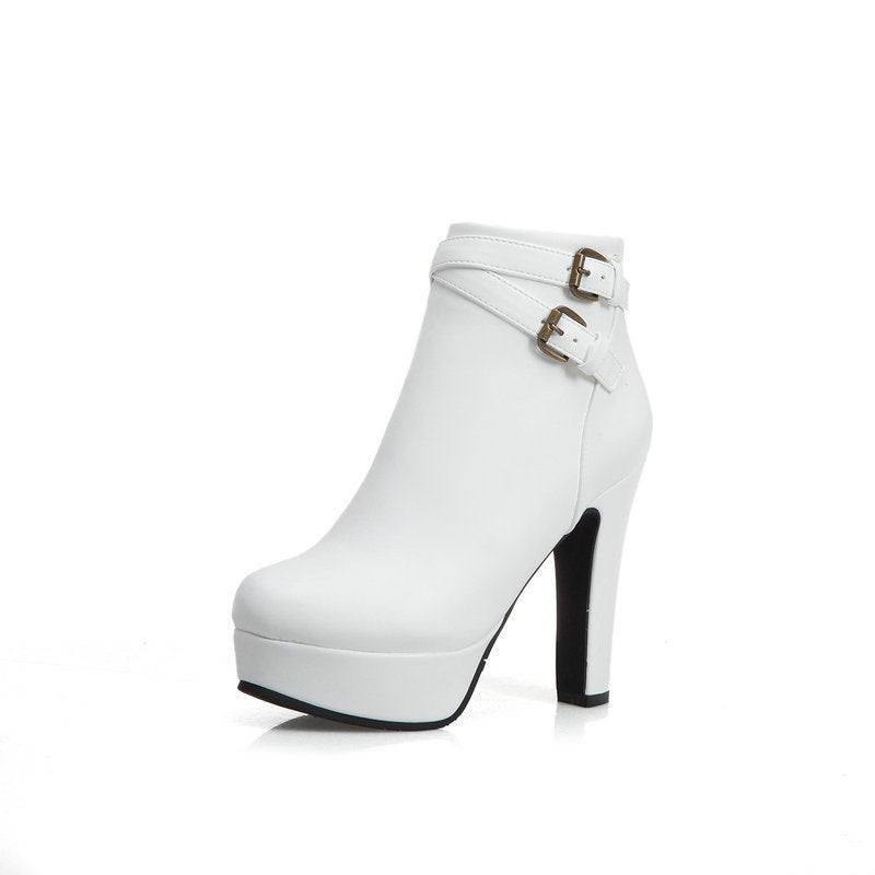 Bottines Talon Haut Plateforme Imperméable – Boucles Métalliques Style Européen