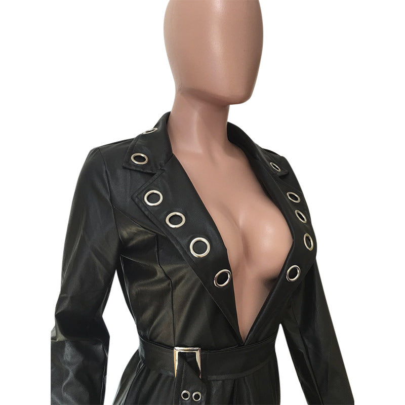 Veste en Faux Cuir – Œillets, Ceinture & Col V