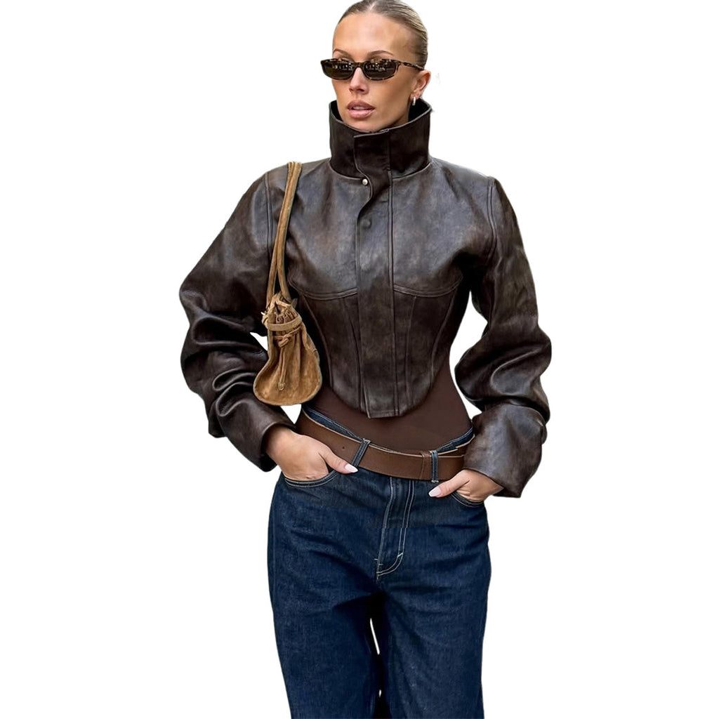 Veste Courte Sans Manches Col Montant PU Cuir — Noir & Marron