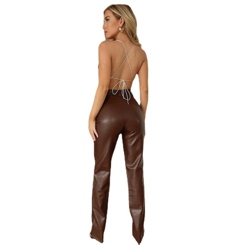 Pantalon Cuir PU Stretch Femme – Coupe Casual Chic