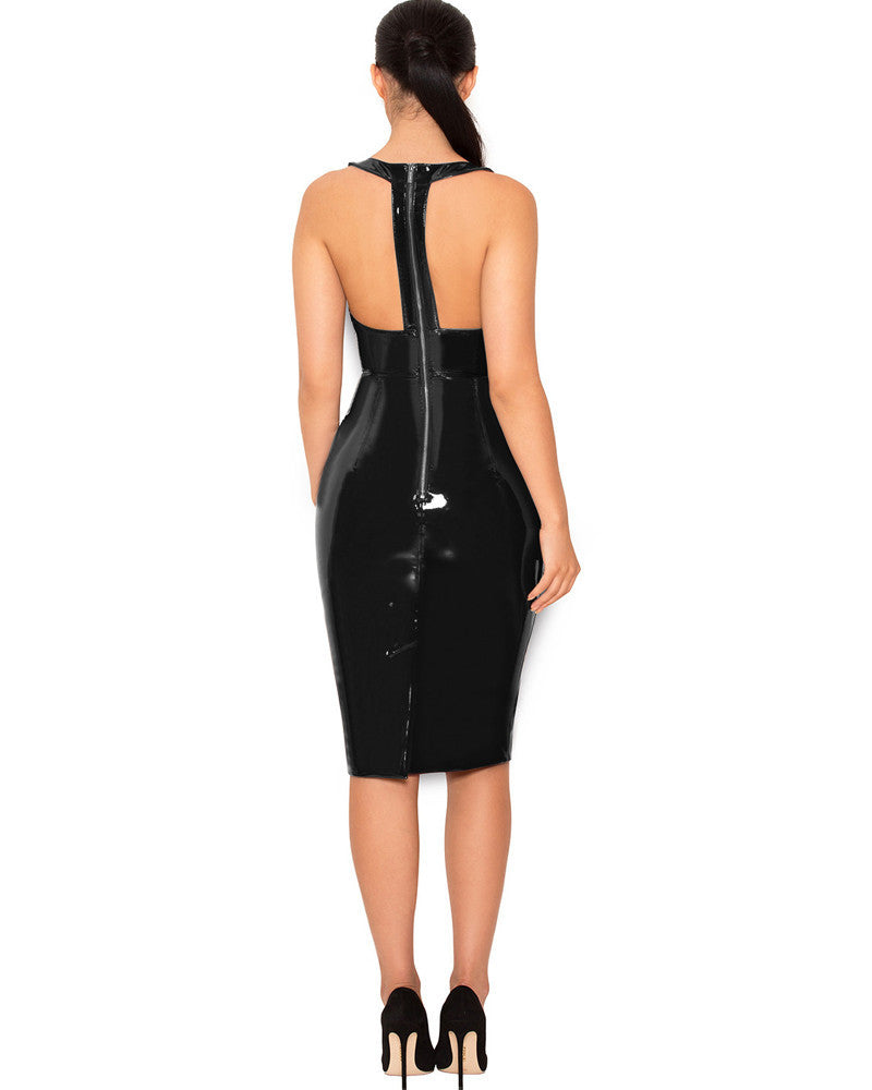Robe Miroir PU Sans Manches Col V — Moulante Grande Taille