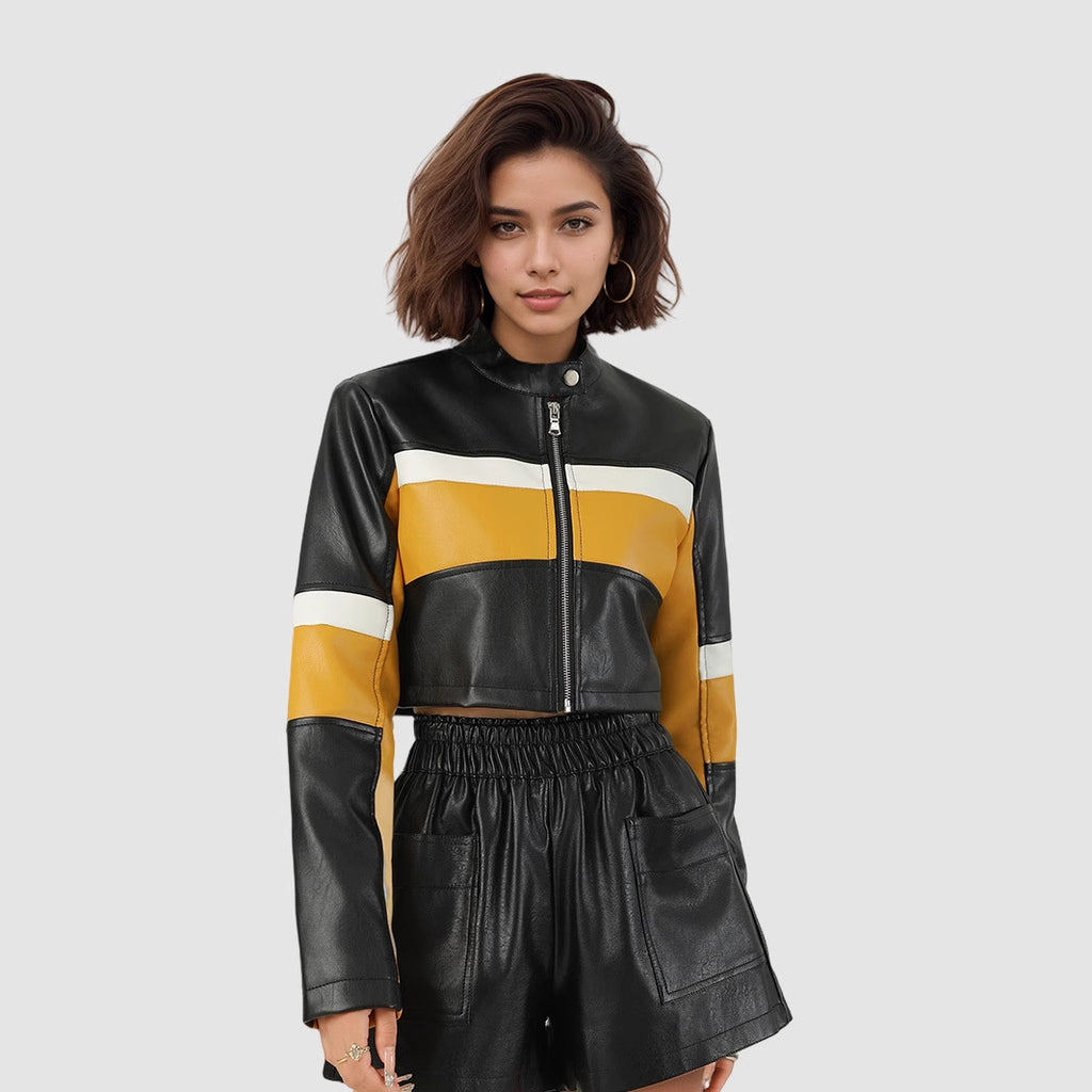 Leather Color Contrast Patchwork European And American Sexy Leather Coat