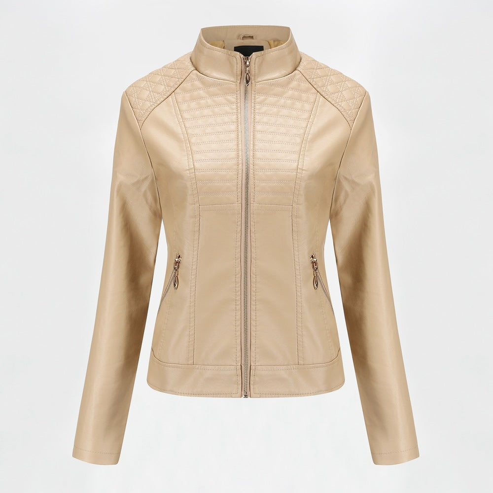 Veste Moto Femme en Similicuir – Col Rond & Détails 3D