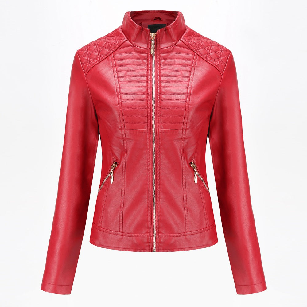 Veste Moto Femme en Similicuir – Col Rond & Détails 3D