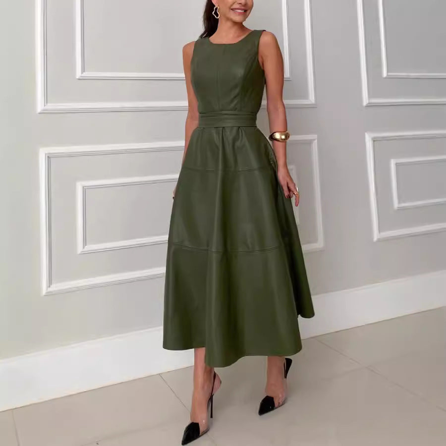 Robe Simili Cuir Sans Manches – Coupe Loose Fermeture Zip