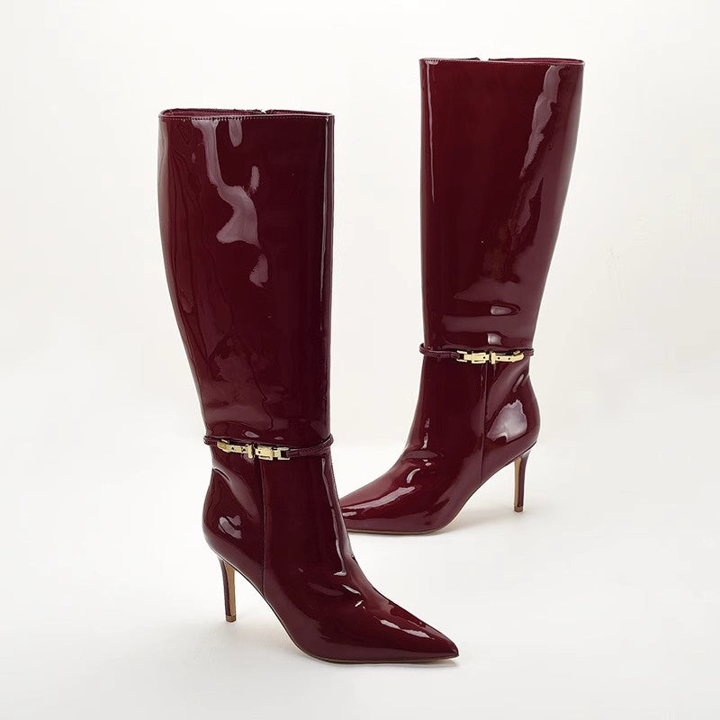 Cuissardes Cuir Verni — Boucle Ceinture & Talon Stiletto Imperméable