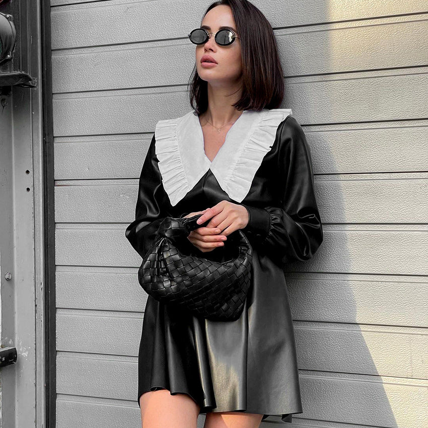 Robe Longue Manches Longues en Similicuir – Style Punk & Taille Haute