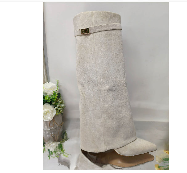 Bottes Mi-Mollet Talon Bloc Bout Pointu – Simili Cuir & Daim Style Cavalière