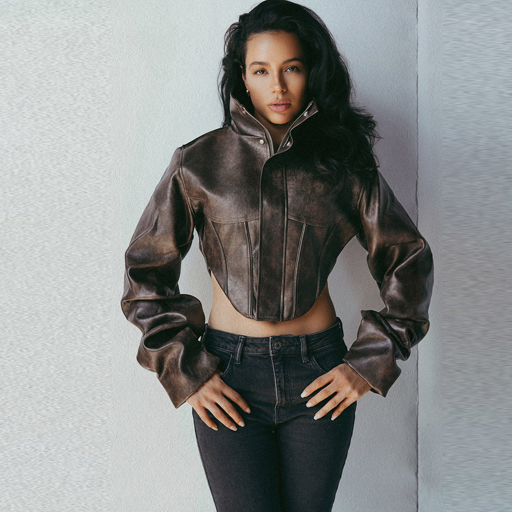 Veste Courte Sans Manches Col Montant PU Cuir — Noir & Marron