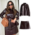 Ensemble 2 Pièces PU Cuir — Manteau Boutons Col Revers & Mini Jupe