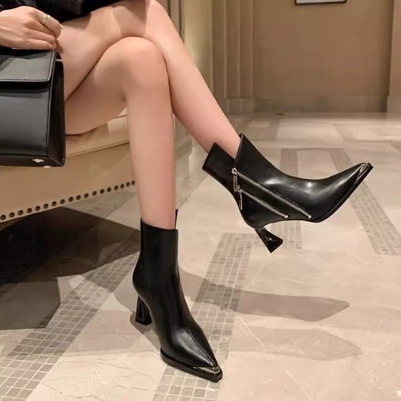 Boots Chunky Heel Zip Latéral — Bout Pointu