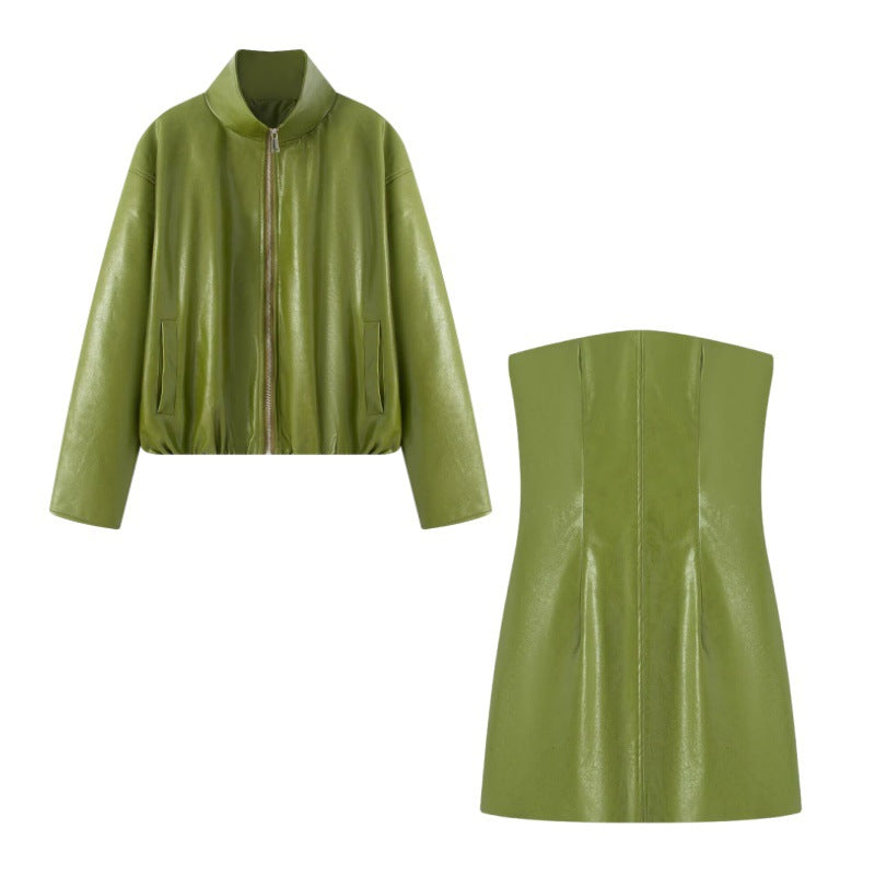 Ensemble Veste & Robe Sans Bretelles Rétro – PU Cuir Style Streetwear