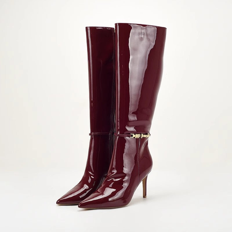 Cuissardes Cuir Verni — Boucle Ceinture & Talon Stiletto Imperméable