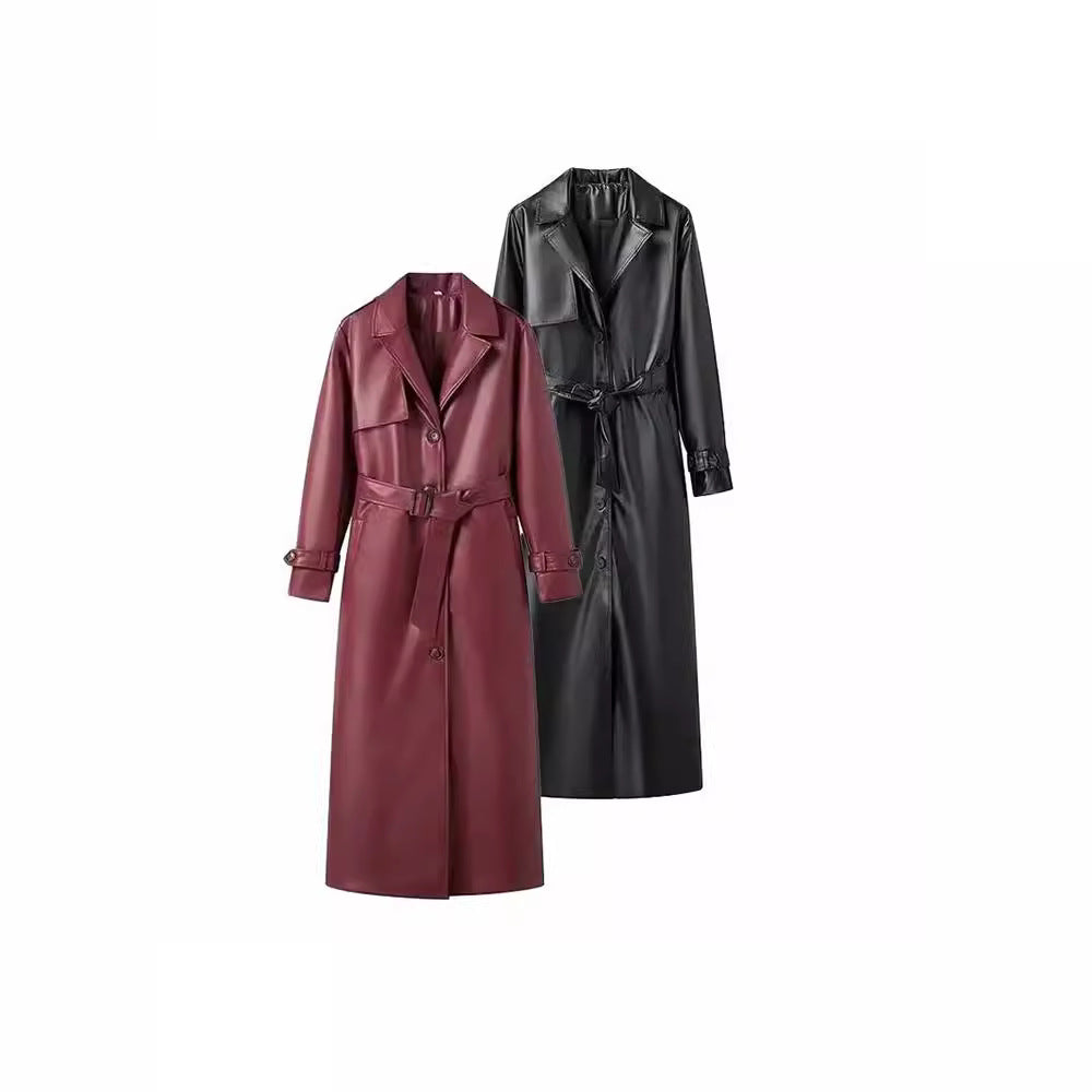 Long Trench PU Cuir Femme — Noir & Rouge Bordeaux