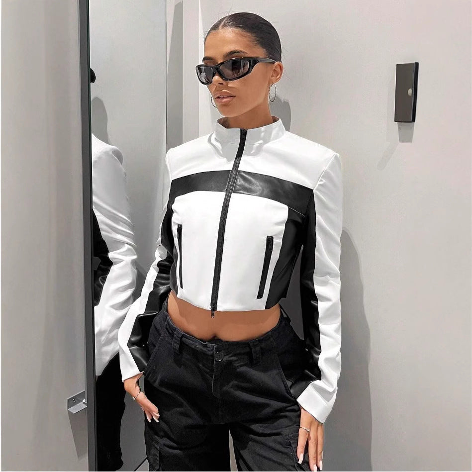 Veste Courte Simili Cuir Bicolore Noir & Blanc – Coupe Slim Zippée