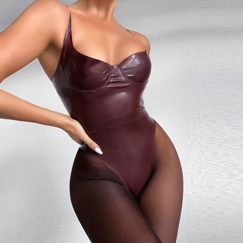 Combinaison Bretelle en PU Cuir – Couleur Unie