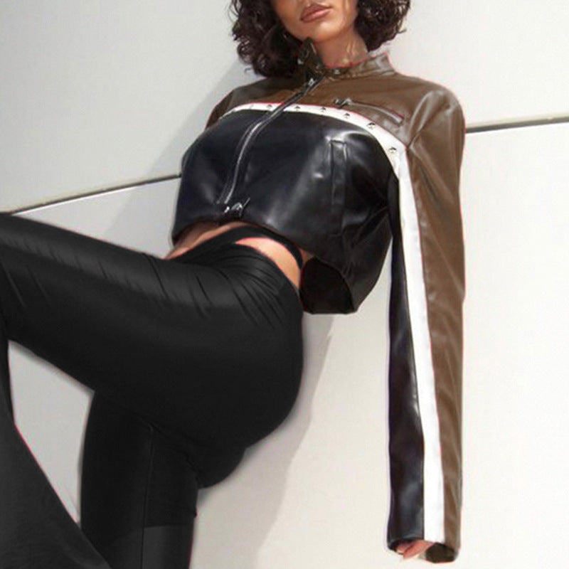Veste Courte Style Moto Bicolore à Rivets en Simili Cuir