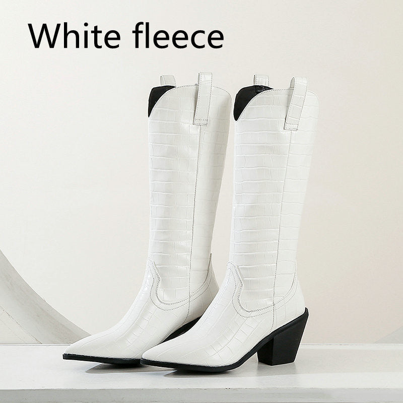 Bottes Cavalières Talon Bloc Hauteur Genou — Bout Pointu Plateforme