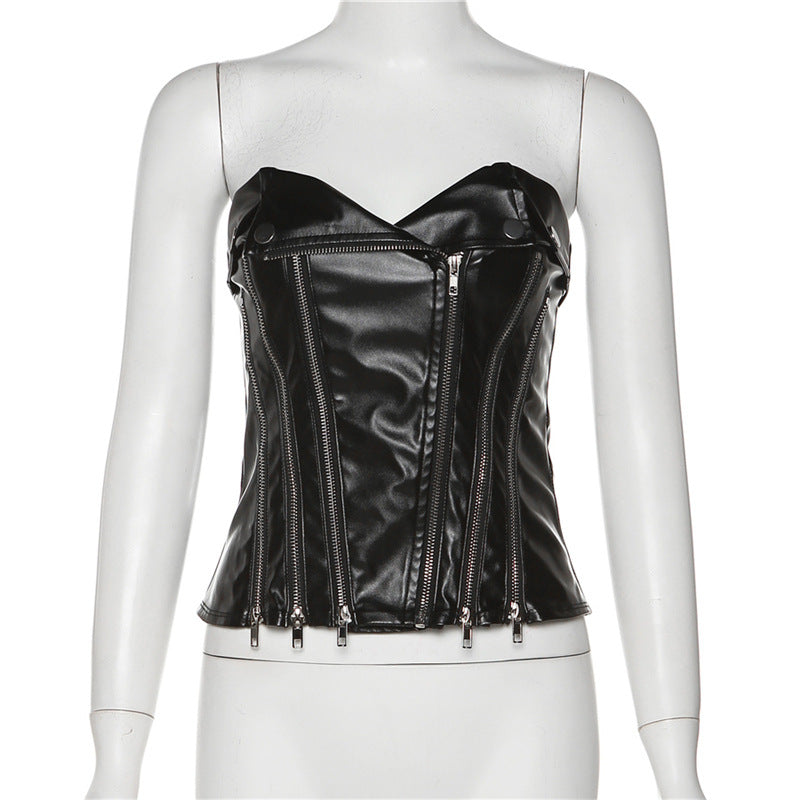 Top Simili Cuir Une Épaule Slim – Décolleté Sexy Sans Manches Femme