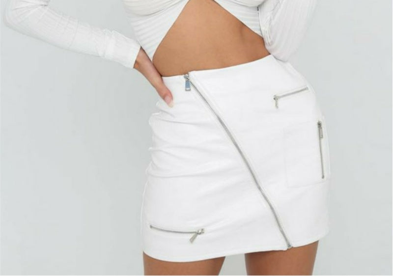 Jupe Simili Cuir A-Line Blanc – Coupe Portefeuille Fermeture Zip Femme