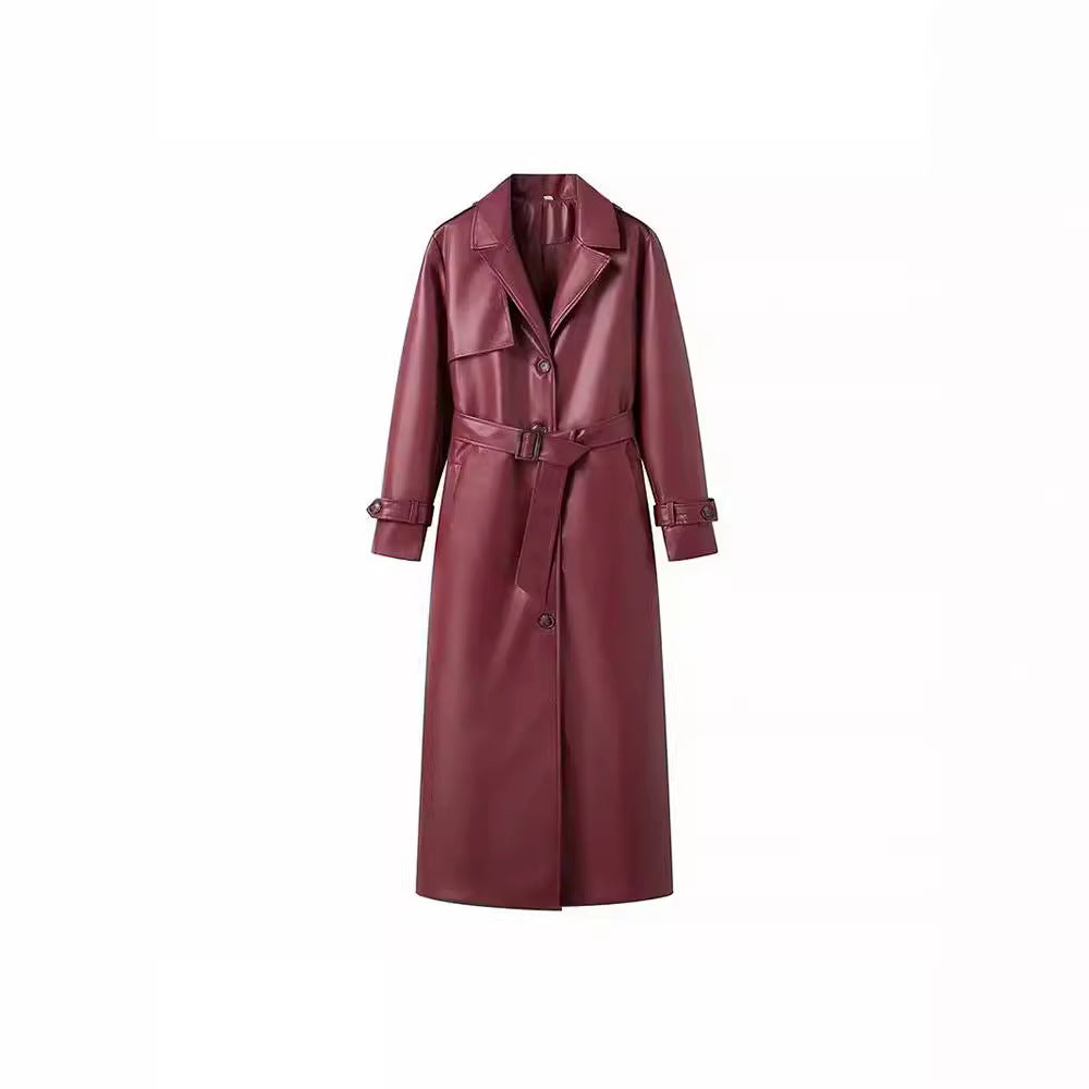 Long Trench PU Cuir Femme — Noir & Rouge Bordeaux