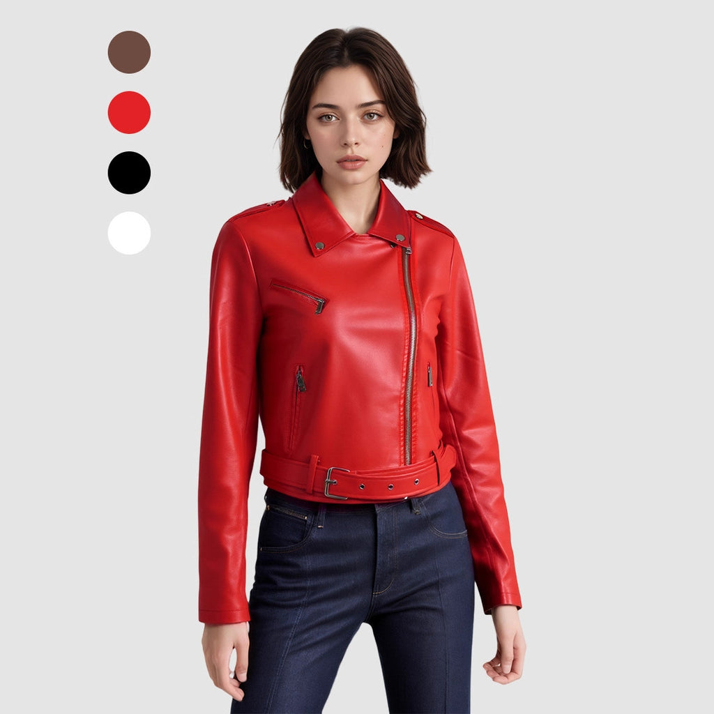 Veste Moto PU Cuir Courte — Ceinture & Col Revers Structuré