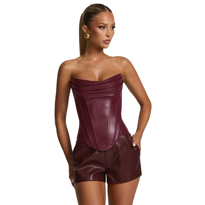 Top Corset PU Cuir Bretelles Arête de Poisson — Sans Manches