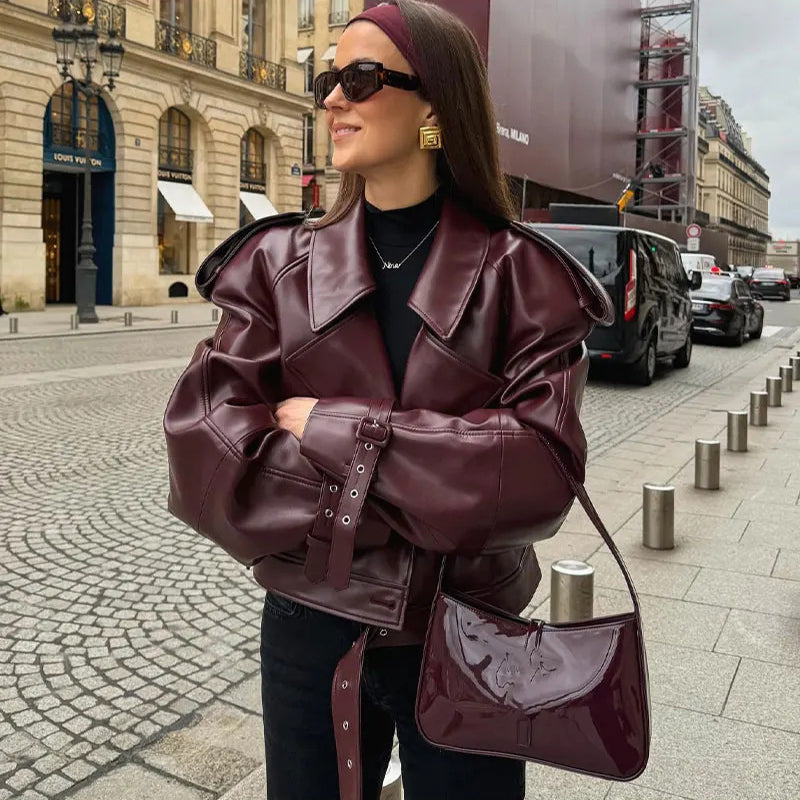 Veste Courte Simili Cuir PU Col Revers – Coupe Slim Manches Longues Streetwear