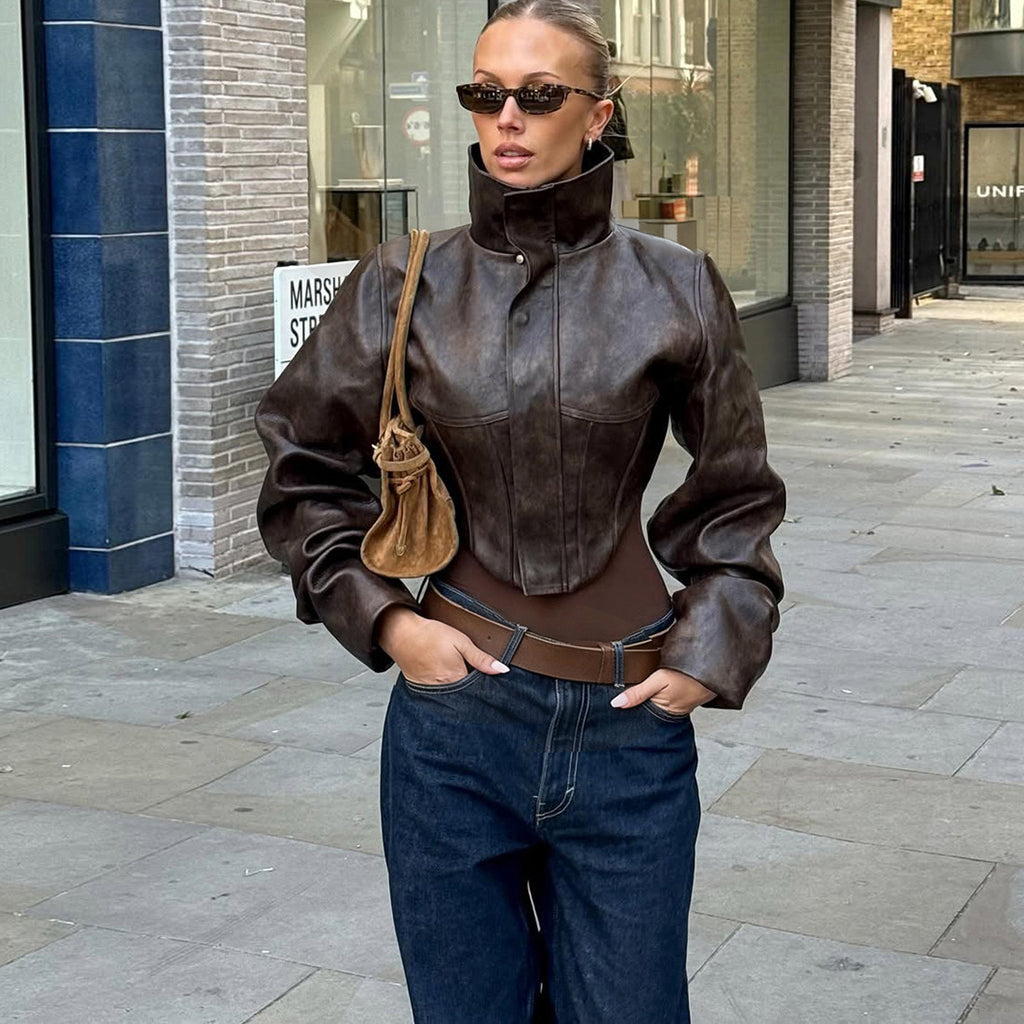 Veste Courte Sans Manches Col Montant PU Cuir — Noir & Marron