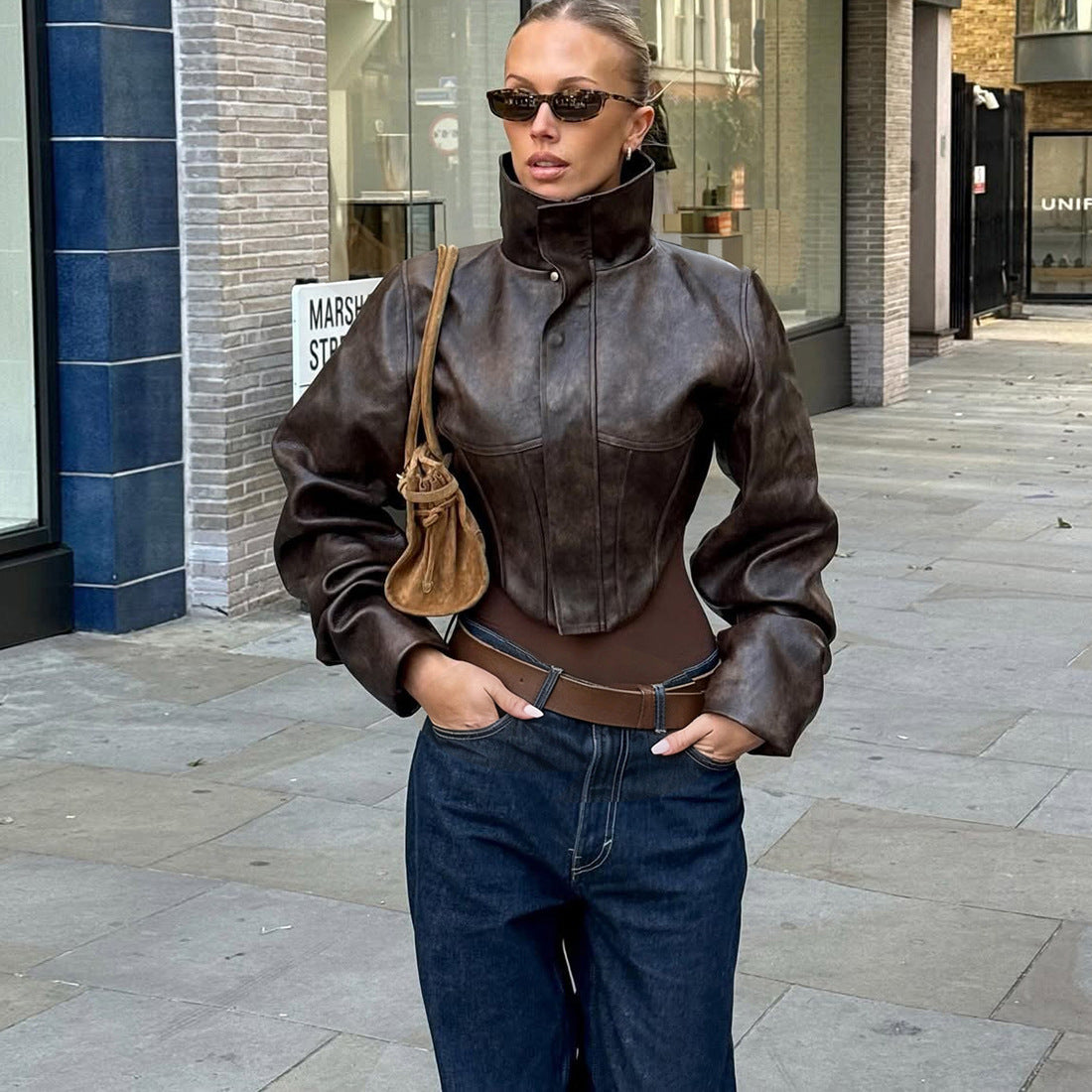 Veste Courte Sans Manches Col Montant PU Cuir — Noir & Marron