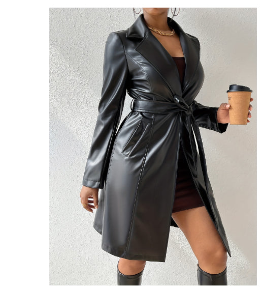 Trench Long PU Cuir Manches Longues — Slim-fit & Silhouette Longline
