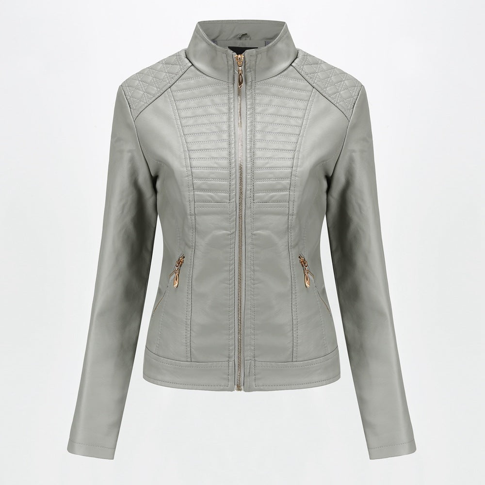 Veste Moto Femme en Similicuir – Col Rond & Détails 3D