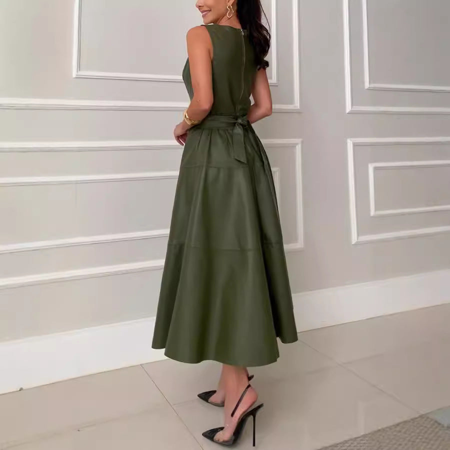 Robe Simili Cuir Sans Manches – Coupe Loose Fermeture Zip