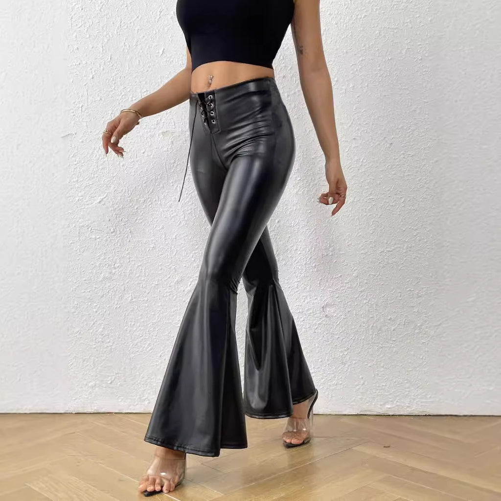 Pantalon Simili Cuir Brillant Patte d’Éléphant – Taille Élastique Punk Street